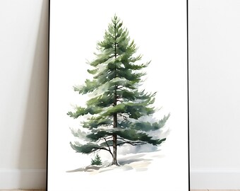 Pode incluir: Pintura em aquarela de uma alta árvore de pinho verde com uma árvore de pinho menor em primeiro plano. As árvores são pintadas em um fundo branco.