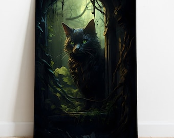 Impressão de Halloween do Gato Preto Bruxo: Dark Academia Art (Download Digital)