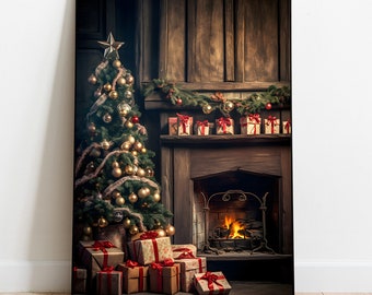 May include: A framed image of a decorated Christmas tree with gold ornaments and a star topper. A fireplace with a burning fire and wrapped gifts with red ribbons complete the festive scene.
