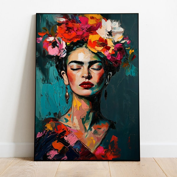 Portrait de femme avec une couronne de fleurs, impression européenne vintage, art imprimable mexicain, femmes inspirantes, portrait de Frida Kahlo, téléchargement numérique