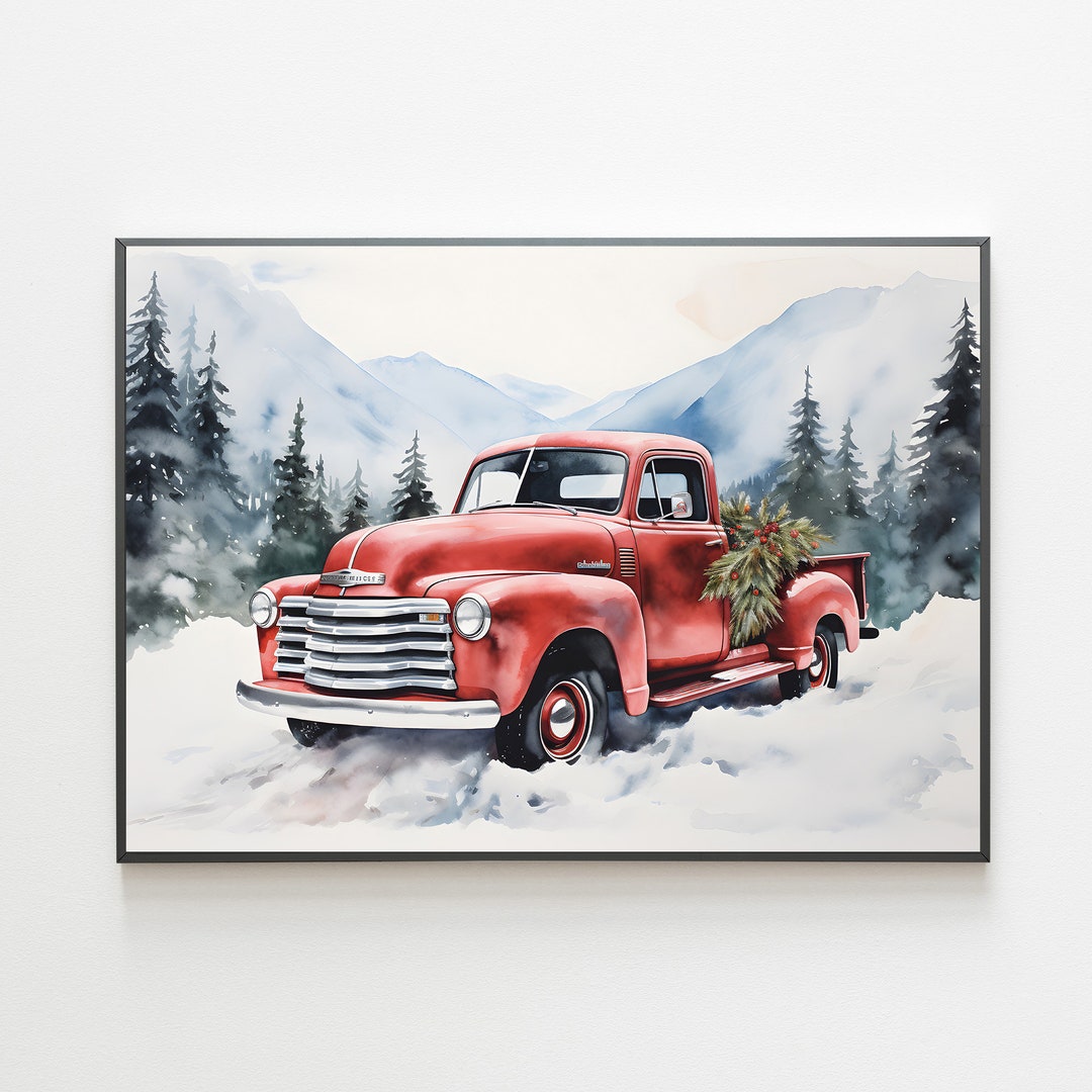Red Truck and Christmas Tree Wall Art, Christmas Red Truck Print, Xmas