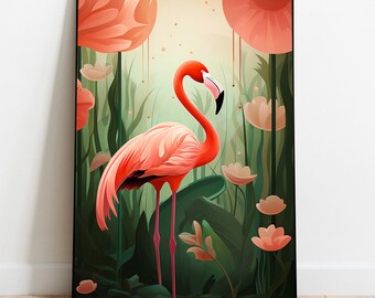 May include: A pink flamingo stands in a lush green jungle with large, pink flowers. The flamingo is facing left and has its head tilted down. The background is a soft, yellow-orange color.