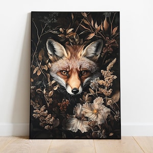 Vintage Fox Art, Dark Botanical Print, Whimsical Woodland Animal, Dark Academia, Fall Cottage Core Decor, Digital Download