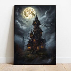 Halloween Castle Painting, Haunted House Wall Art, Dark Academia Print, Spooky House Printable Art, Digital Download