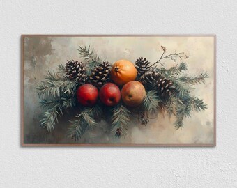 May include: A still life painting of a cluster of pine cones and fruit. The fruit includes oranges and red apples. The pine cones are arranged around the fruit, and the background is a muted brown.