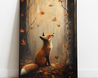 Fall Fox Wall Art, Fox in Autumn Forest Painting, Fox Art Print, Woodland Animals Printable Art, Little Fox Painting, Digital Download