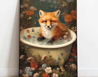 Fox in Tub Printable Wall Art, Bathroom Art Print, Fox with Flowers Art, Fox Art, Animal Prints, Digital Download