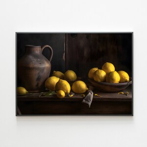 Lemon Art Printable Wall Art, Moody Lemons Still Life Print, Kitchen Decor, Farmhouse Kitchen Lemon Printable Art, Digital Download