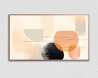 May include: Abstract art print with a beige background and overlapping shapes in shades of peach, orange, and black.