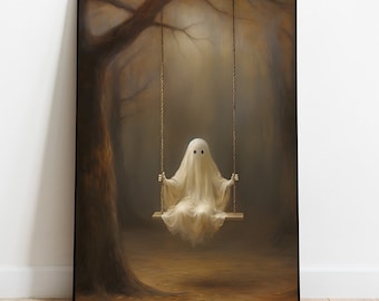 Impression d'art Halloween drôle de fantôme sur la balançoire (téléchargement numérique)