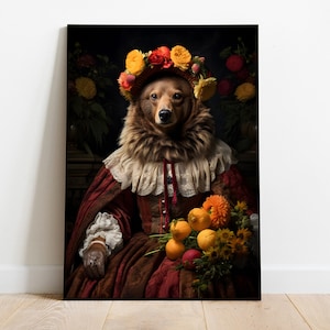Renaissance Bear Painting, Autumn Bear Print, Tudor Wall Art, Animal Head Portrait, Animal Head Human Body, Digital Download