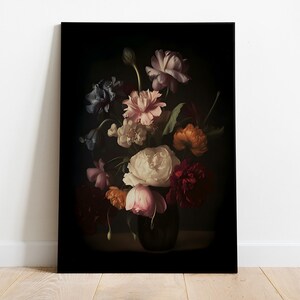 Stimmungsvolle Blumen druckbare Kunst, dunkle Blumenweinlesekunst, Stillleben-Ölgemälde, dunkle Academia Druck, digitaler Download, antiker Druck