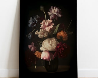 Dark Floral Still Life Painting: Moody Vintage Art (Digital Download)