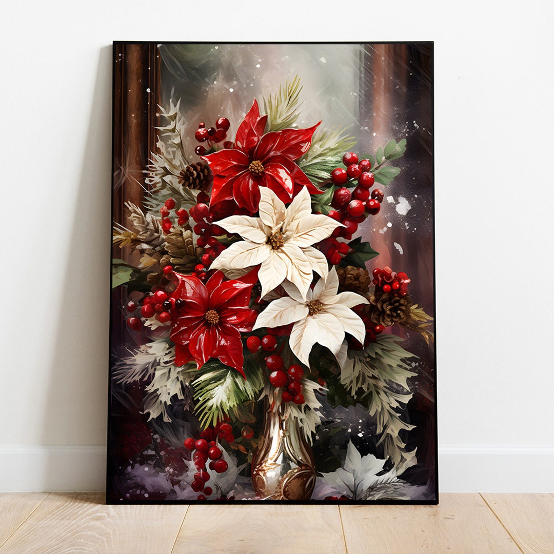Christmas Poinsettias Print, Winter Florals Art, Christmas Flowers Poster, Christmas Art
