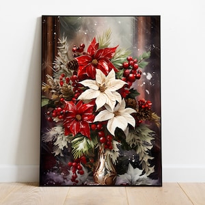 Christmas Poinsettias Print, Winter Florals Art, Christmas Flowers Poster, Christmas Art, Farmhouse Christmas Wall Art, Digital Download