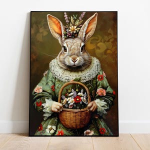 Frühling Renaissance Kaninchen Gemälde, Aristokrat Kaninchen Porträt, Viktorianisches Kaninchen, Dark Academia, Tierkopf Menschlicher Körper, digitaler Download