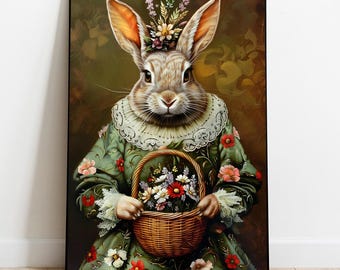 Victorian Rabbit Portrait: Spring Flower Basket, Dark Academia (Digital Download)