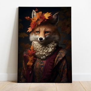 Renaissance Fox Painting, Fall fox print, Aristocrat Fox  Portrait, Humanoid Fox Painting, Animal Head Human Body, Digital Download