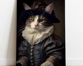 貴族風猫の肖像画：ルネサンス時代の愉快な動物アート（デジタルアート