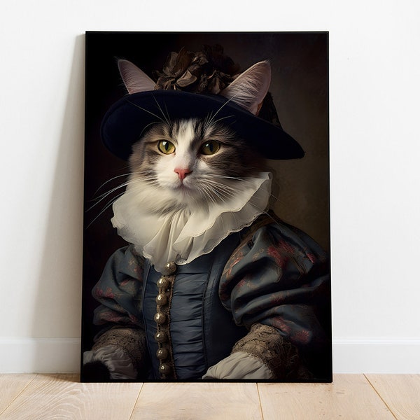Renaissance cat portrait, Victorian cat art, Vintage Painting style, Animal Head Human Body, Humanoid cat print, Digital Download