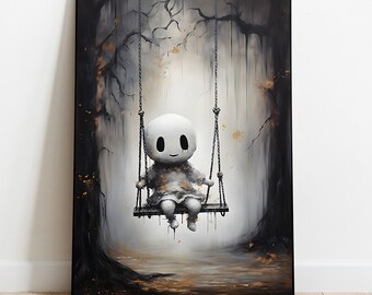 Impression d'art Halloween drôle de fantôme sur la balançoire (téléchargement numérique)
