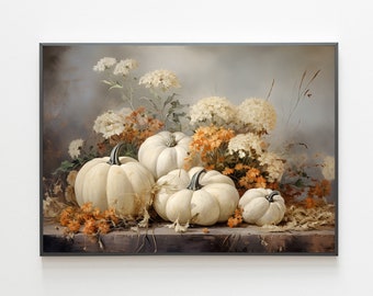 May include: A still life painting featuring white pumpkins and orange and white flowers. The pumpkins are arranged in a cluster on a wooden surface, with the flowers surrounding them. The background is a soft, muted gray.