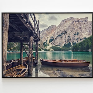 Lake Braies Instant Download Print, Lake Landscape Printable Wall Art, Boat on a Lake Print, Moody Landscape Digital Download, Dolomites