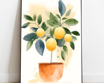May include: Watercolor painting of a potted citrus tree with yellow fruit and green leaves. The tree is in a terracotta pot and the background is a light yellow.