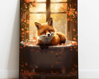 Fox in Bathtub Printable Art: Floral Bathroom Decor (Digital Download)