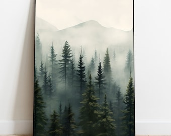 Foggy Forest Poster, Misty Mountain Print, Autumn Landscape, Nordic Poster, Pine Trees Wall Art, Digital Download