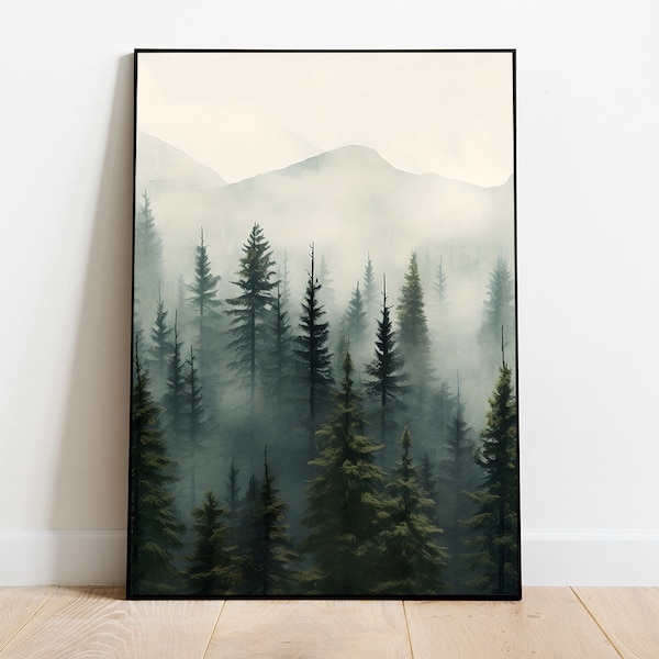 Foggy Forest Poster, Misty Mountain Print, Autumn Landscape, Nordic Poster, Pine Trees Wall Art, Digital Download