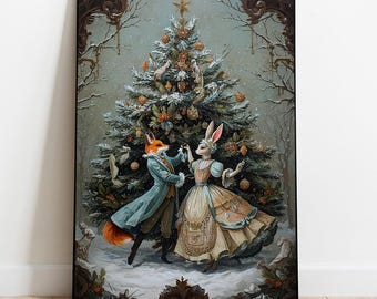 Peinture de Noël victorienne de renard et de lapin dansant : portrait d'animal de la Renaissance (téléchargement numérique)