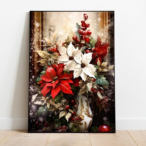 Christmas Flowers Poster, Winter Florals Art, Christmas Poinsettias Print, Christmas Art, Farmhouse Christmas Wall Art, Digital Download
