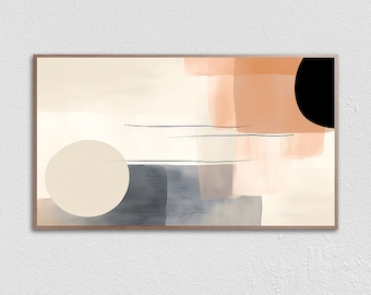 May include: Abstract art print with a beige background, featuring a large white circle, a black circle, and overlapping shapes in shades of peach, brown, and gray.