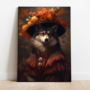 Aristocratic dog, Renaissance  dog portrait, Husky print, Animal Head Human Body, Fall dog art, Humanoid dog print, Digital Download