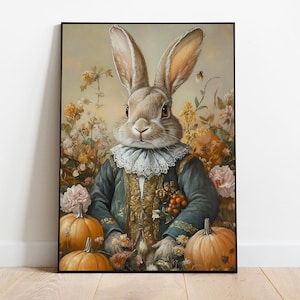 May include: A painting of a rabbit wearing a blue and gold jacket with a white lace collar. The rabbit is surrounded by fall foliage and pumpkins.
