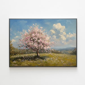 Cherry Blossom Landscape Painting, Spring Print, Vintage Nature Oil Painting, Country Landscape Wall Art, Digital Download, Printable Art