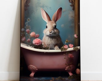 Bunny in Tub Printable Wall Art, Rabbit Art, Bathroom Art Print, Bunny with Flowers Art, Animal Prints, Digital Download