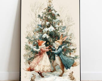 Peinture vintage de danse de renard et de lapin de Noël : portrait d'animal de la forêt en hiver (téléchargement numérique)