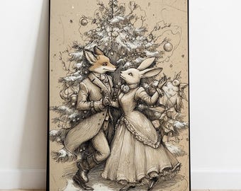 Impression victorienne de lapin d'hiver et de renard dansant : portrait d'animal de la Renaissance (téléchargement numérique)