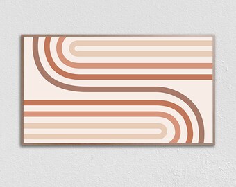 Könnte beinhalten: Abstrakter Kunstdruck mit einem geometrischen Design aus geschwungenen Linien in Braun-, Pfirsich- und Cremetönen. Der Druck ist in einem dünnen, hellbraunen Rahmen gerahmt.