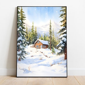 Cuadro de cabaña de montaña invernal, impresión de paisaje invernal rústico, paisaje invernal, arte navideño, arte mural cottagecore, descarga digital