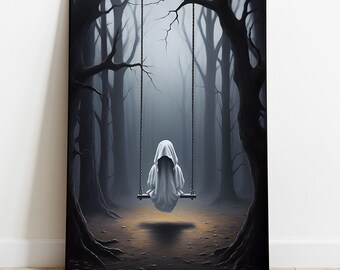 Impression d'art Halloween Ghost on Swing, décoration murale effrayante (téléchargement numérique)