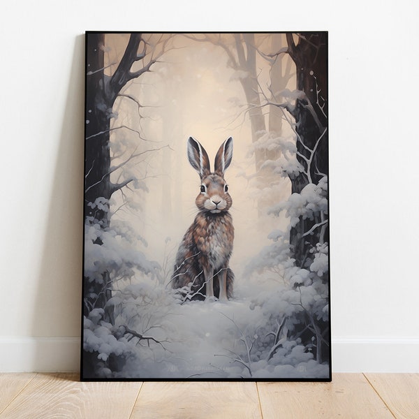 Vintage Rabbit Painting, Winter Rabbit Printable Wall Art, Country Nursery Wall Art, Winter Printable Art, Snow Scene, Digital Download