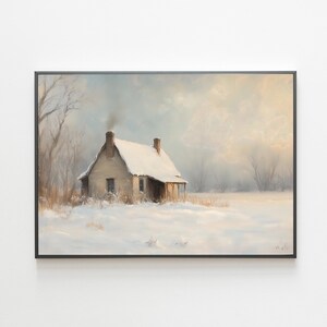 Cozy Winter Cottage Scene Painting, Winter Rustic Landscape Print, Vintage Christmas printable, Holiday Decor, Digital Download