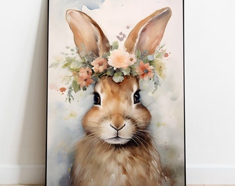 Spring Floral Crown Rabbit Print: Easter Flower Bunny, Nursery Wall Art (Digital Download)