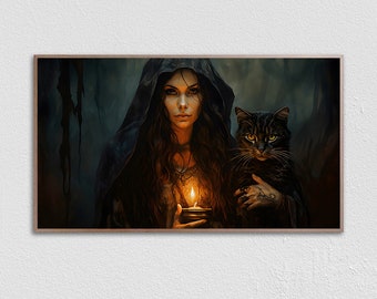 Witch and Cat Frame TV Art: Vintage Halloween Portrait (Digital Download)