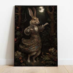 Viktorianische tanzende Kaninchenkunst, Renaissance Kaninchenmalerei, Aristokrat Kaninchendruck, dunkle Academia, Tierkopf menschlicher Körper, digitaler Download