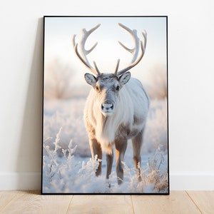 Pôster de cervos nevados, impressão de renas de inverno, arte de parede de Natal, arte de chifres de veado, arte de parede Cottagecore, download digital