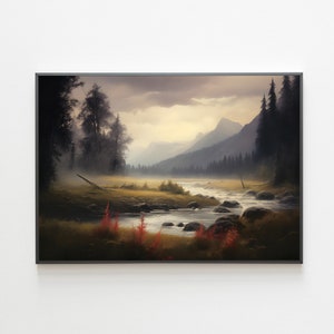 Moody Landscape Painting, Dark Mountain Art Print, Dark Scenery Oil Painting, Printable Landscape Wall Art, Rustic Print Digitam Download